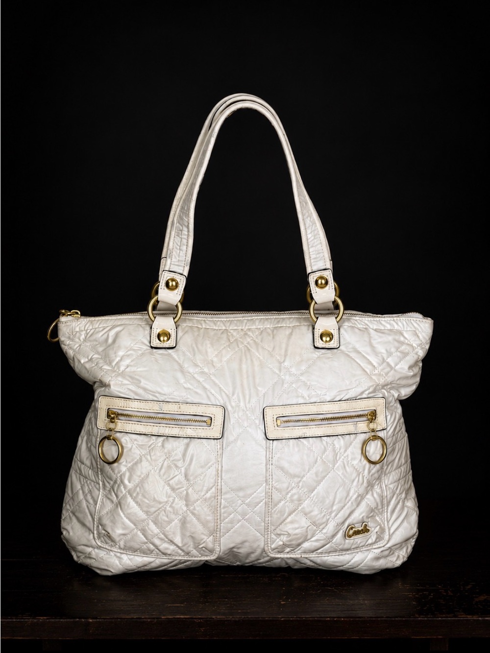 Coach Poppy White Quilted Tote Bag:
Designer Shoulder Handbag